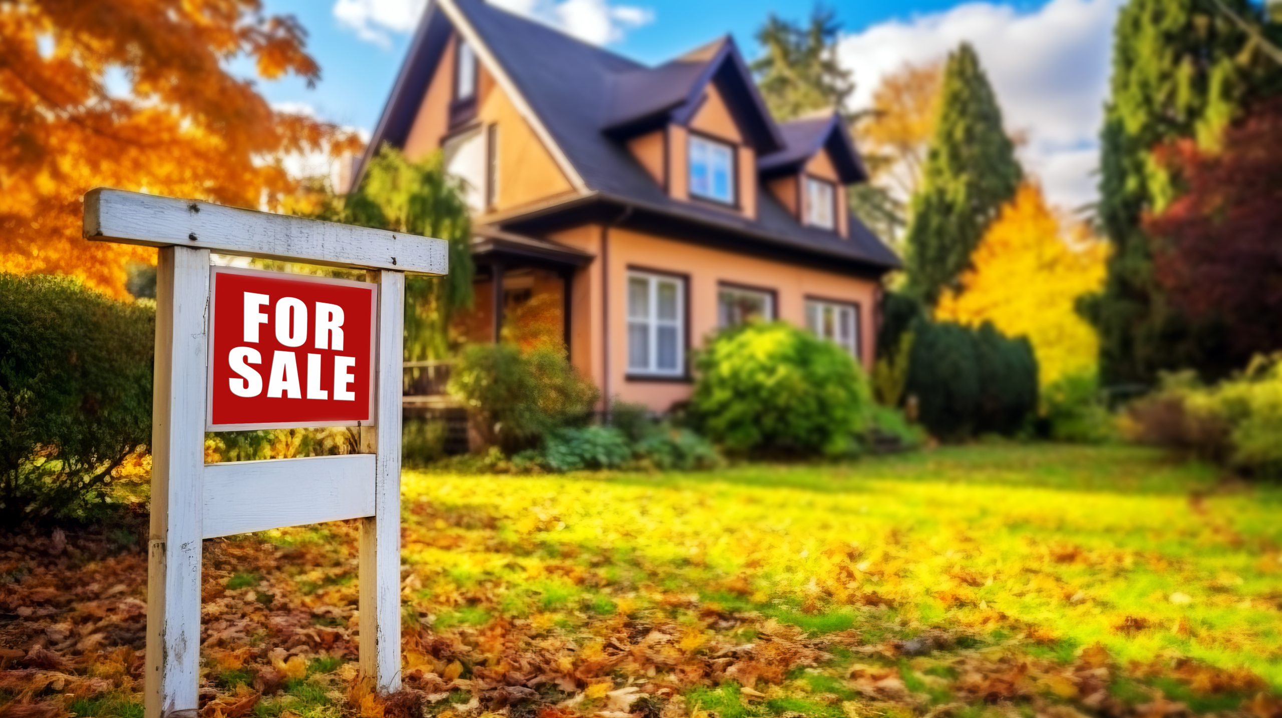 For sale sign in front of cute house in the fall.